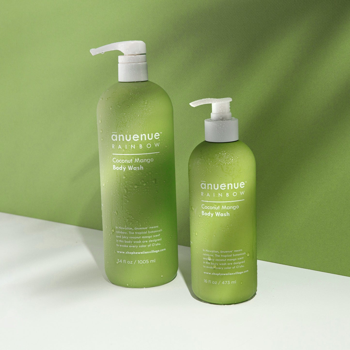 16 and 34 fl oz Coconut Mango Body Wash in green bottle