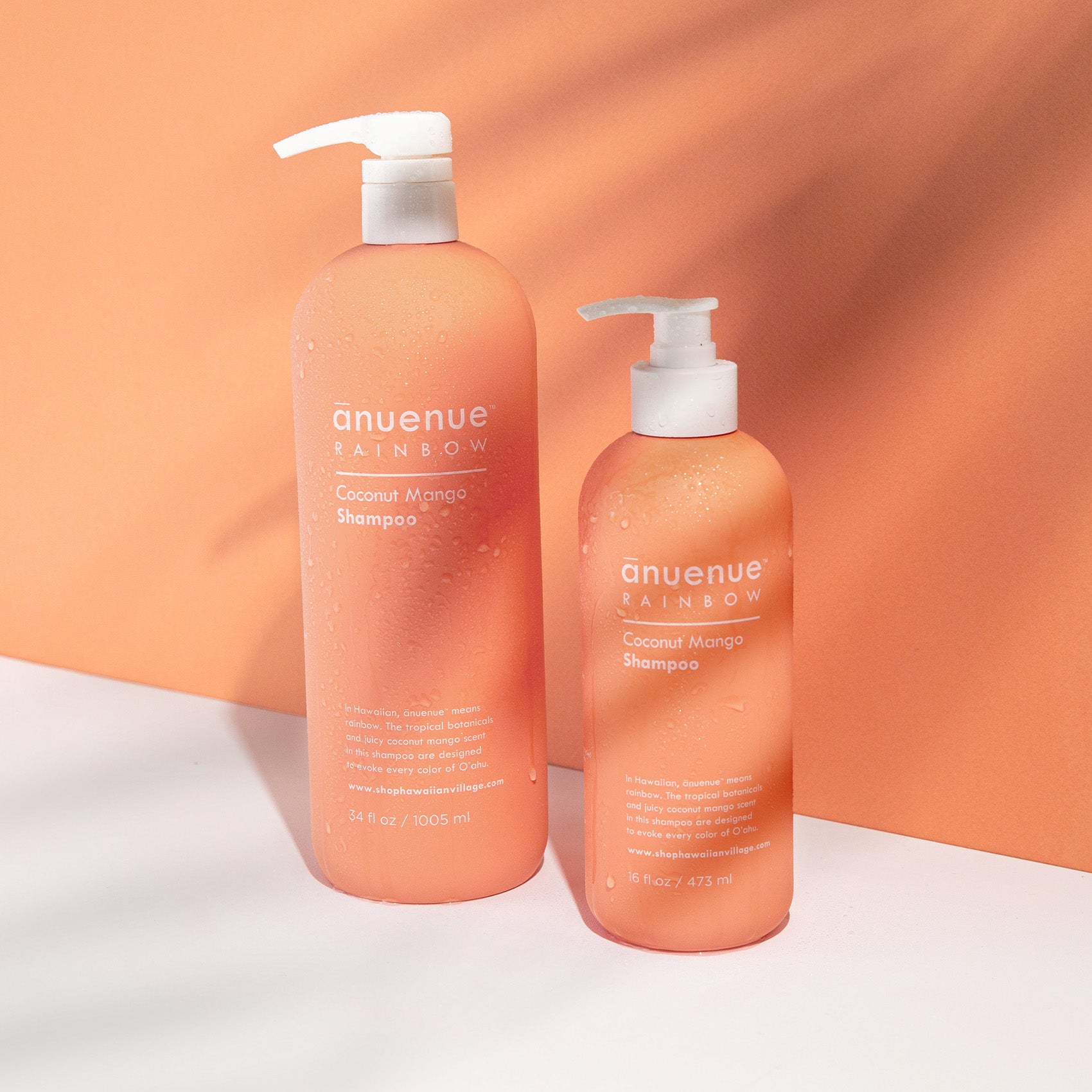 16 and 34 fl oz Coconut Mango Shampoo in orange bottle