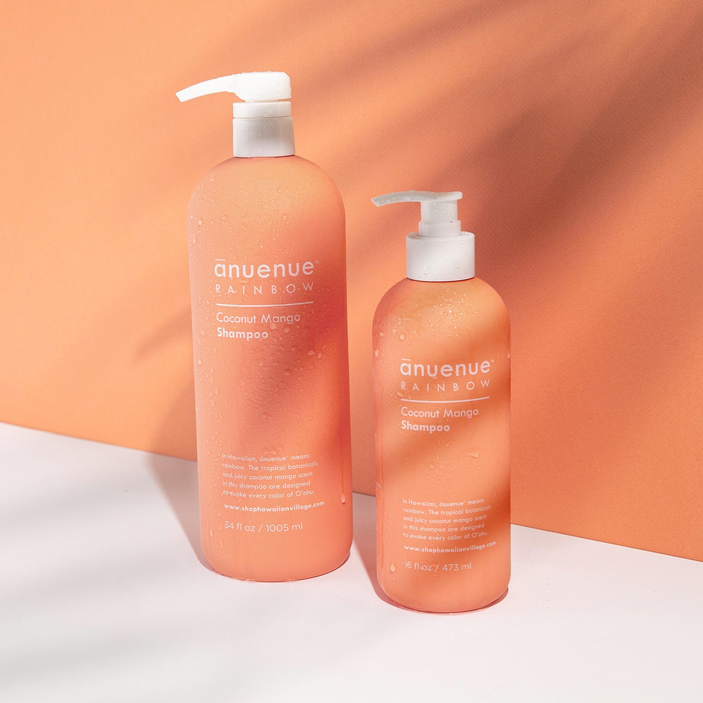 16 and 34 fl oz Coconut Mango Shampoo in orange bottle